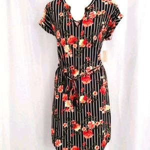 New Medium Black Pinstripe V-neck Dress